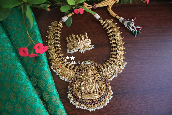 Gold like coin lakshmi necklace with  pearl beads