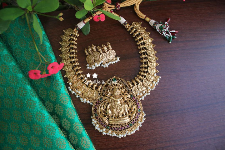 Gold like coin lakshmi necklace with  pearl beads