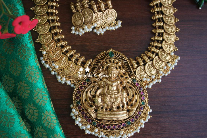 Gold like coin lakshmi necklace with  pearl beads