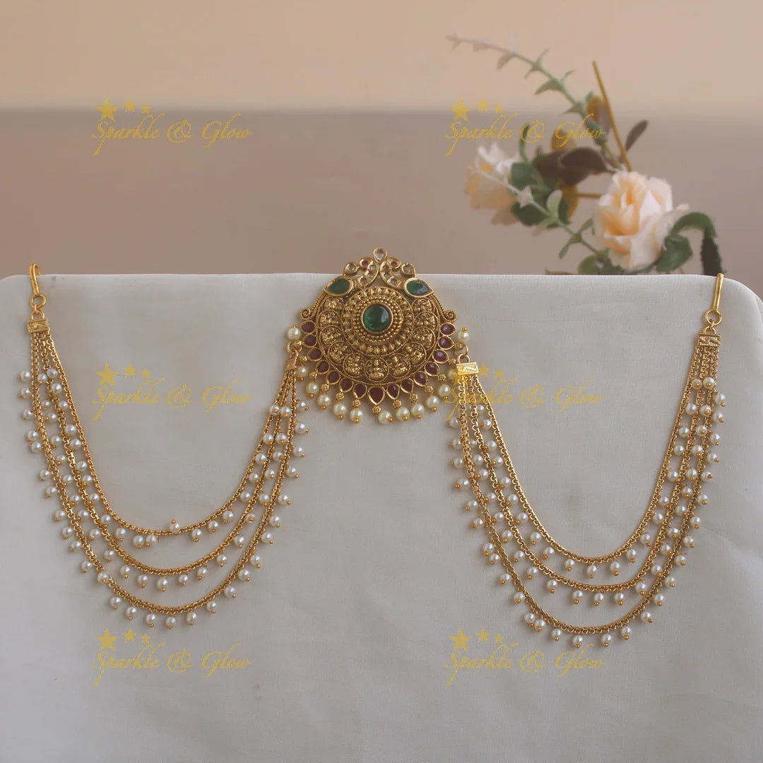 Exclusive Lakshmi peacock Jada billa with pearl maatil with ruby and emerald - Sparkle and Glow