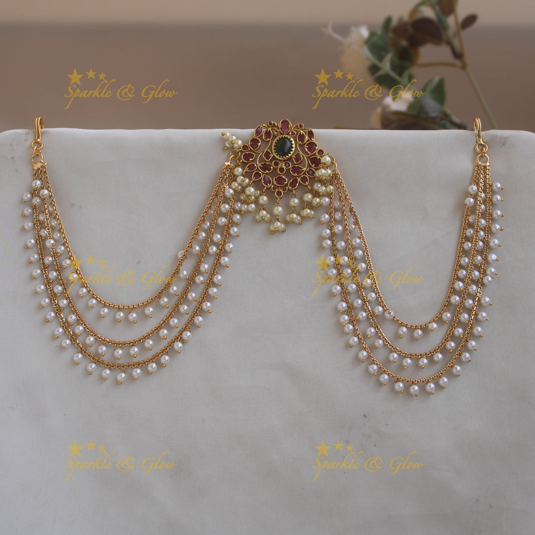 Statement floral Jada billa with pearl maatil with ruby and emerald