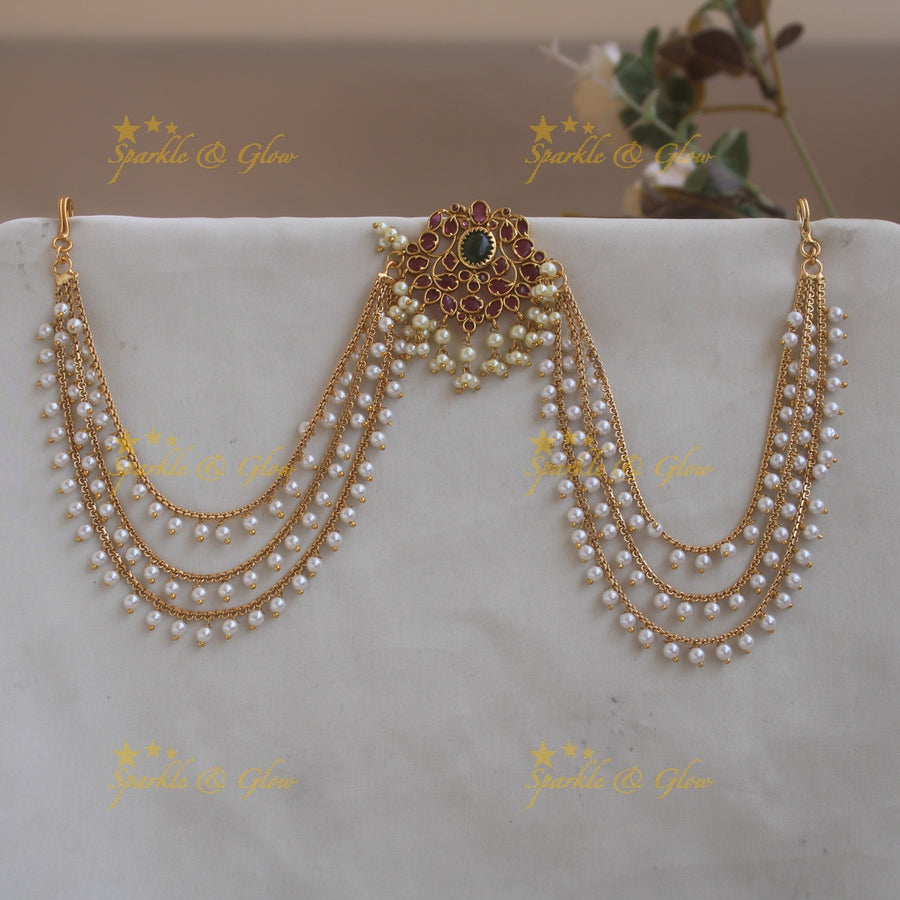 Statement floral Jada billa with pearl maatil with ruby and emerald - Sparkle and Glow