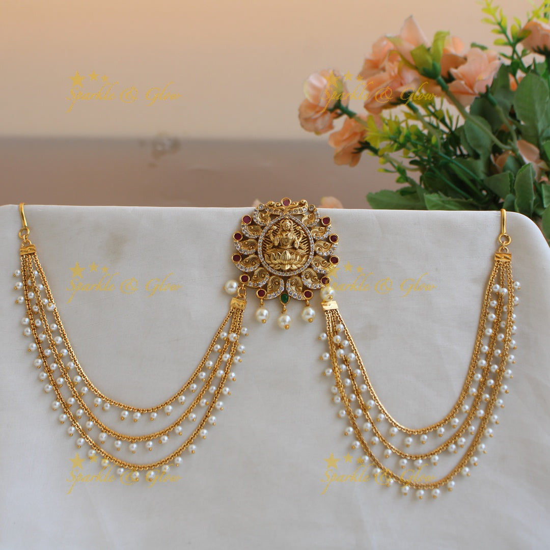 Elegant Lakshmi mango design Jada billa with pearl maatil with CZ stones and ruby