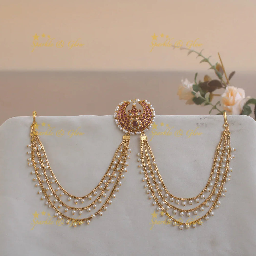 Stunning Half moon floral kemp stone Jada billa with pearl maatil - Sparkle and Glow
