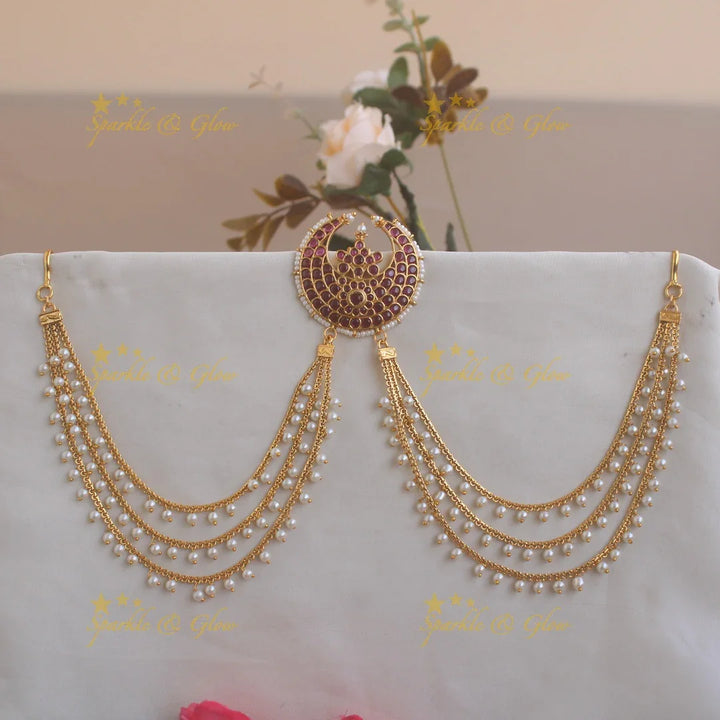 Stunning Half moon floral kemp stone Jada billa with pearl maatil - Sparkle and Glow
