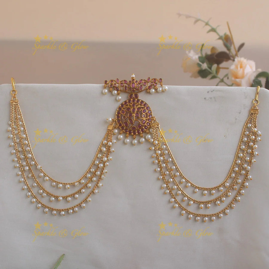 Beautiful Floral and leaf design moon Jada billa with pearl maatil with ruby - Sparkle and Glow