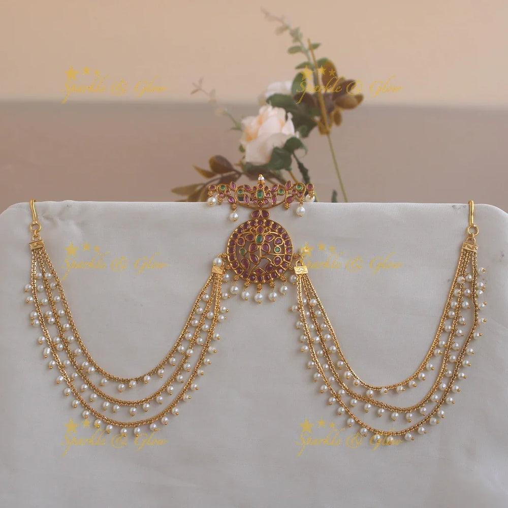 Beautiful Floral and leaf design moon Jada billa with pearl maatil with ruby - Sparkle and Glow