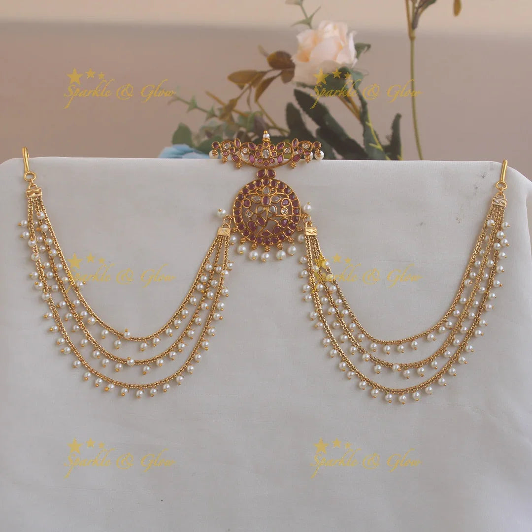 Beautiful Floral and leaf design moon Jada billa with pearl maatil with ruby - Sparkle and Glow