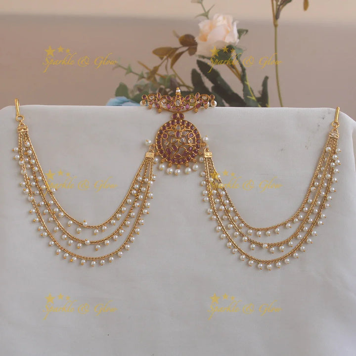 Beautiful Floral and leaf design moon Jada billa with pearl maatil with ruby - Sparkle and Glow