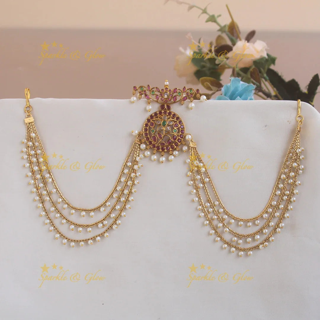 Beautiful Floral and leaf design moon Jada billa with pearl maatil with ruby - Sparkle and Glow