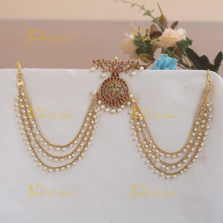 Beautiful Floral and leaf design moon Jada billa with pearl maatil with ruby - Sparkle and Glow