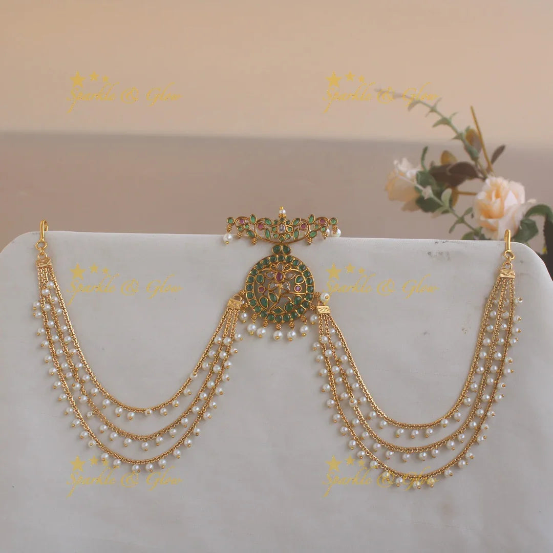 Beautiful Floral and leaf design moon Jada billa with pearl maatil with ruby - Sparkle and Glow