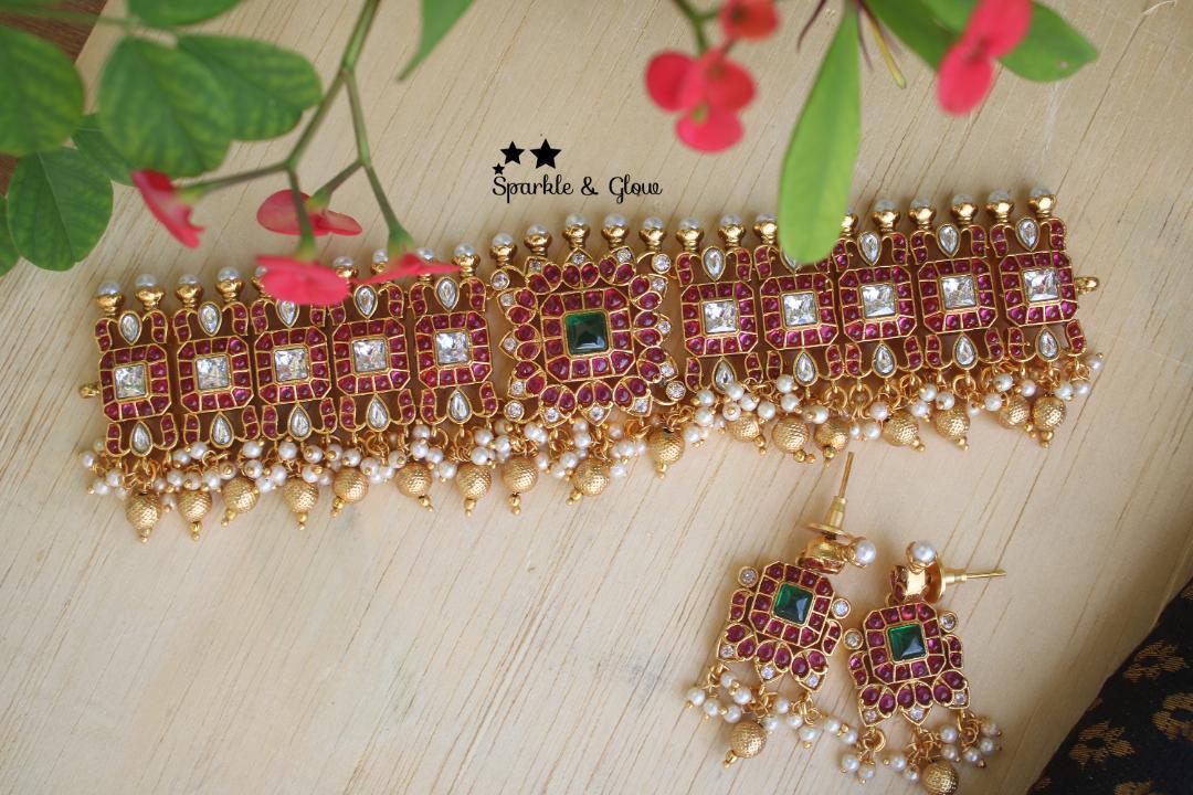 Real kemp stones gold alike gutta pusalu high neck choker -Green Beads - Sparkle and Glow