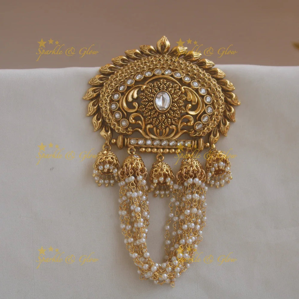 Stunning Flower leaf carved hair pin with white stones pearl chain and jhumuka drops - Sparkle and Glow