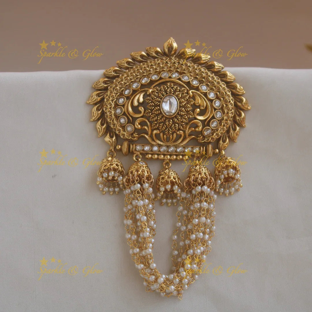Stunning Flower leaf carved hair pin with white stones pearl chain and jhumuka drops - Sparkle and Glow