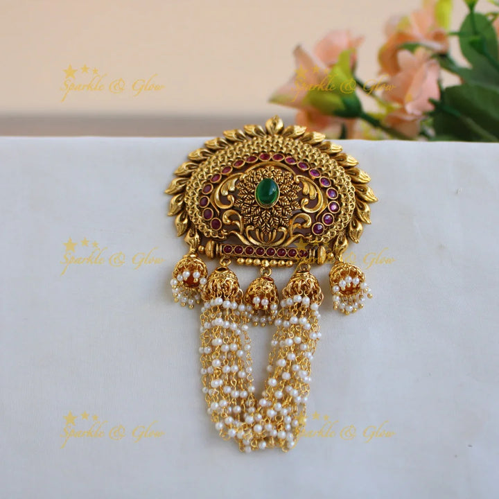 Stunning Flower leaf carved hair pin with white stones pearl chain and jhumuka drops - Sparkle and Glow