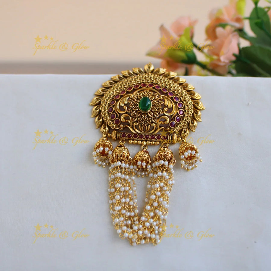 Stunning Flower leaf carved hair pin with white stones pearl chain and jhumuka drops - Sparkle and Glow