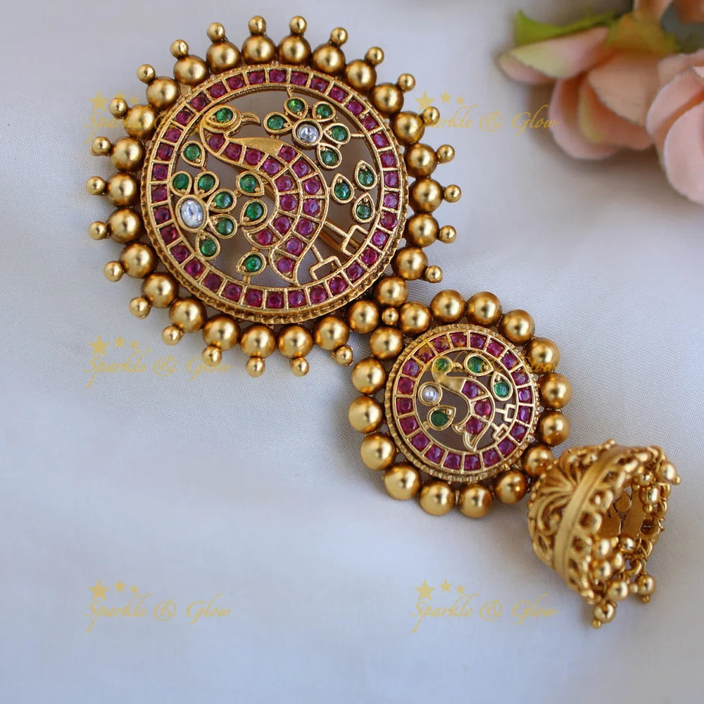 Elegant Peacock floral design kemp stone hair pin with gold beads and jhumuka drop - Sparkle and Glow