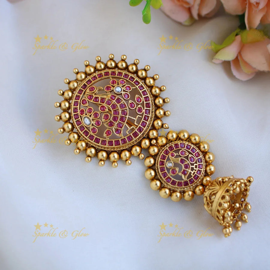 Elegant Peacock floral design kemp stone hair pin with gold beads and jhumuka drop - Sparkle and Glow