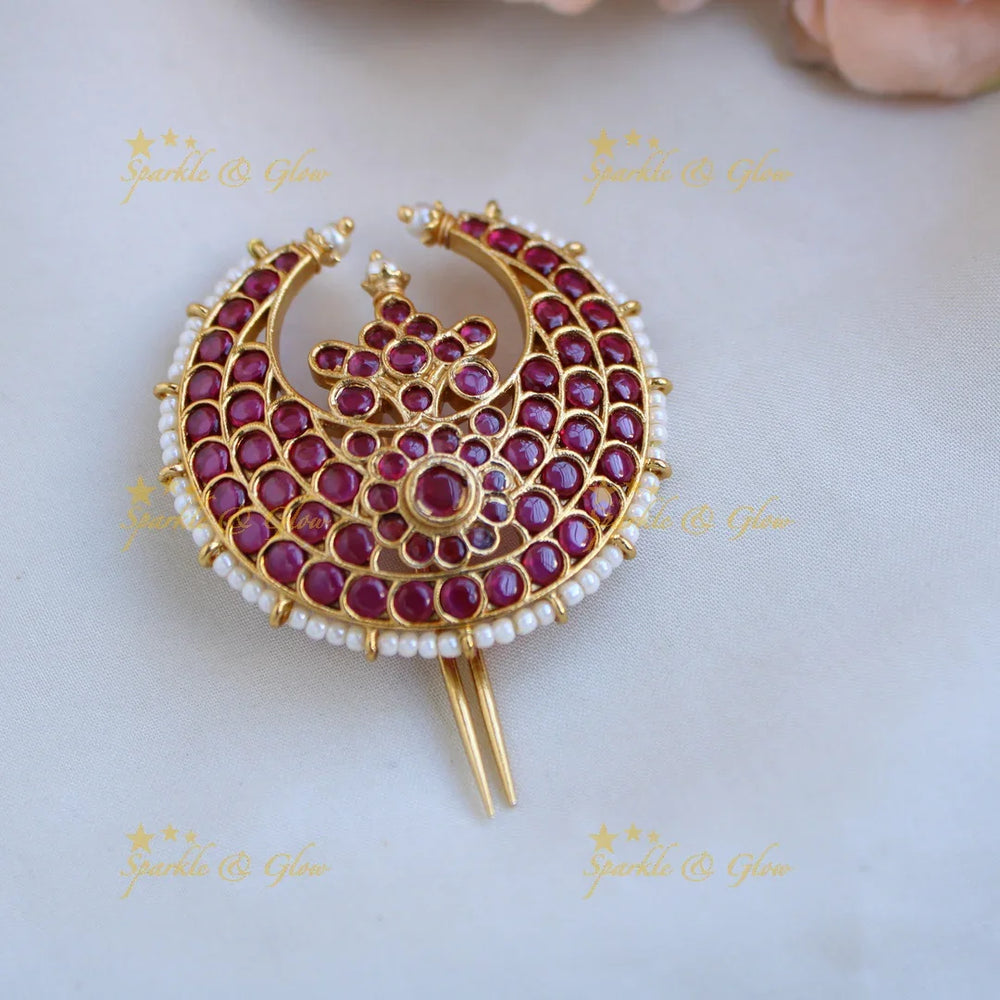 Elegant Half moon floral design kemp stone hair pin with pearls - Sparkle and Glow