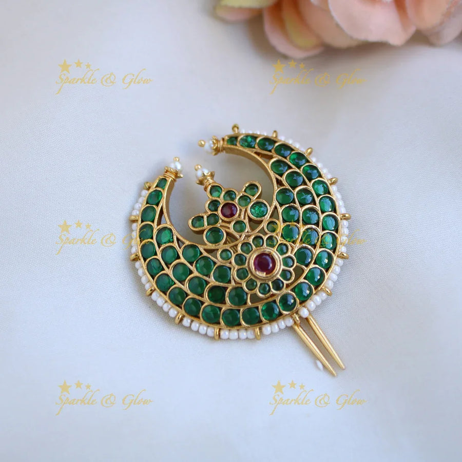Elegant Half moon floral design kemp stone hair pin with pearls - Sparkle and Glow