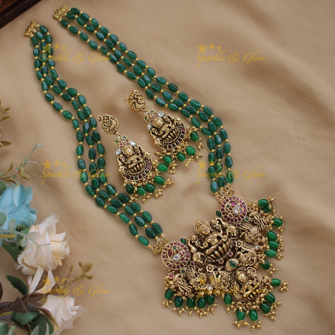 Beautiful Lakshmi peacock carved pendant long necklace with multi layer green beads chain