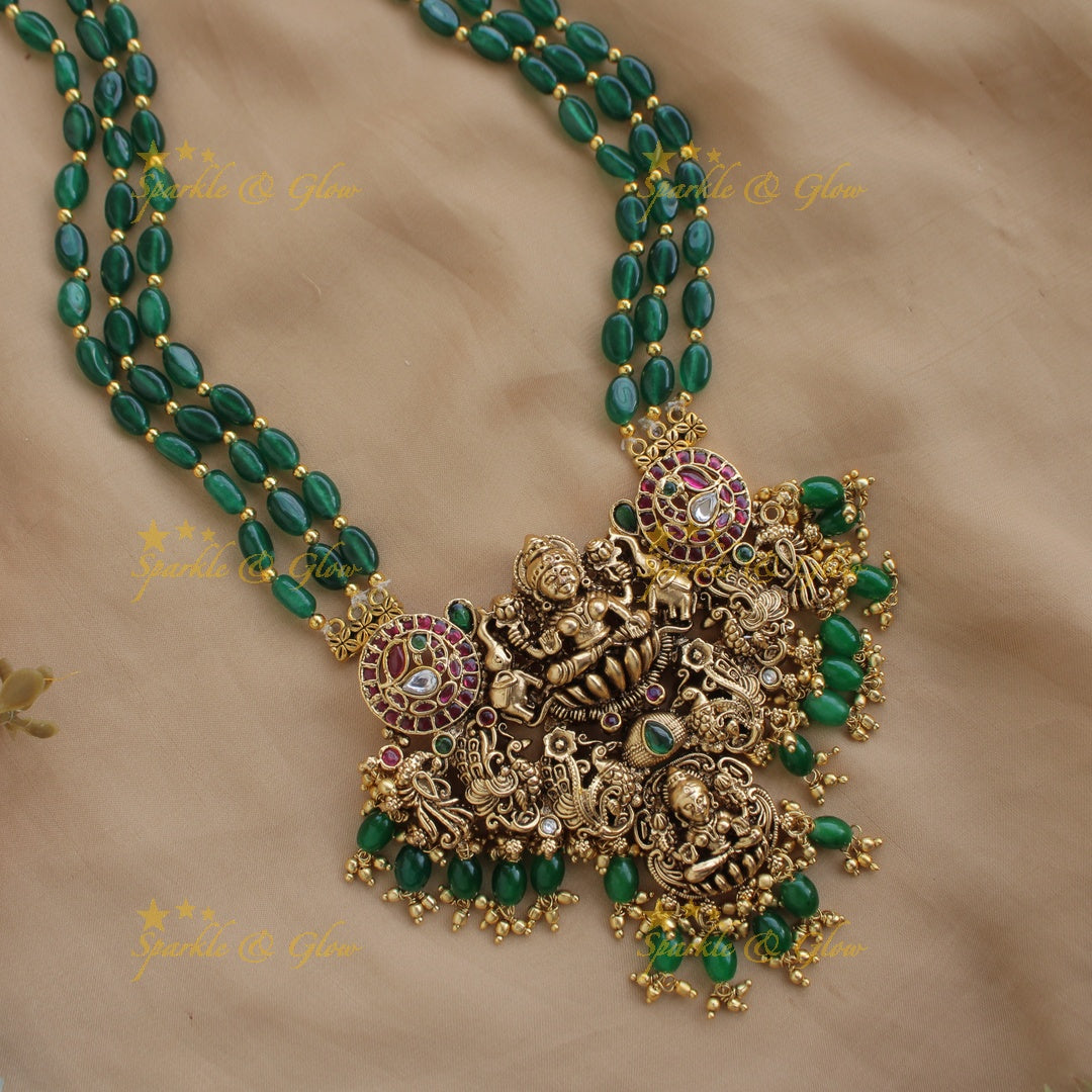 Beautiful Lakshmi peacock carved pendant long necklace with multi layer green beads chain