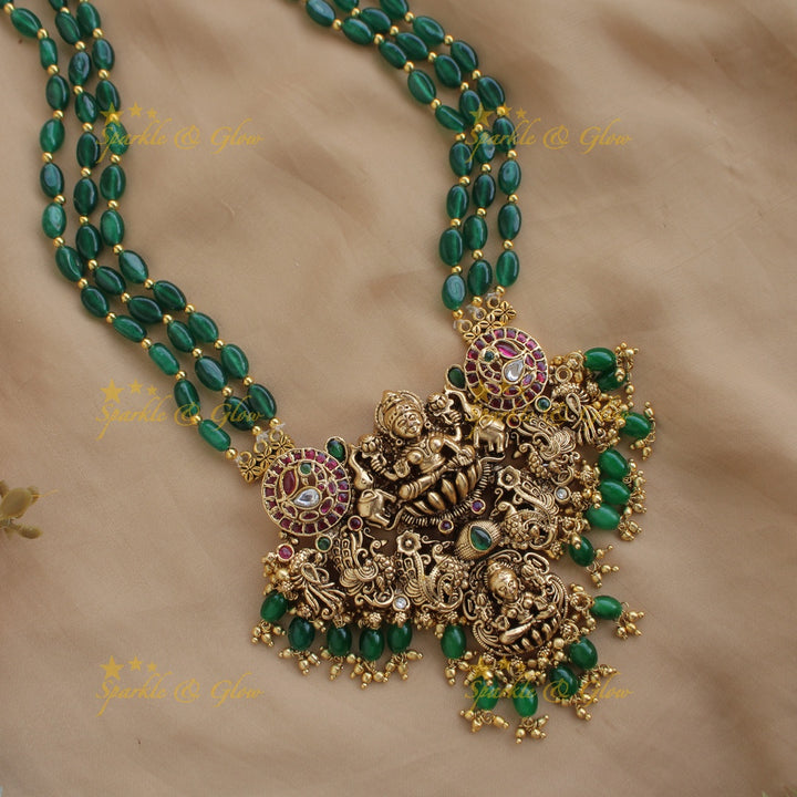 Beautiful Lakshmi peacock carved pendant long necklace with multi layer green beads chain