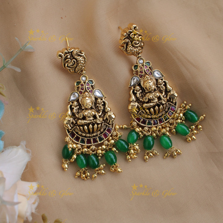 Beautiful Lakshmi peacock carved pendant long necklace with multi layer green beads chain