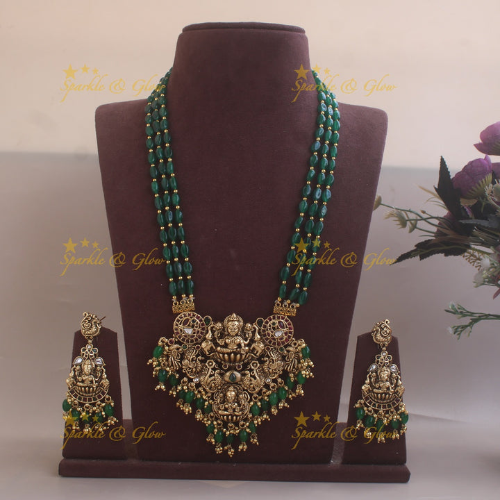 Beautiful Lakshmi peacock carved pendant long necklace with multi layer green beads chain