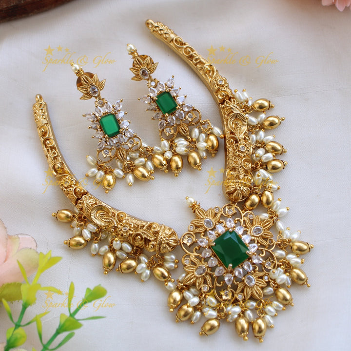 Beautiful Floral design short necklace with emerald rice pearl and CZ stones