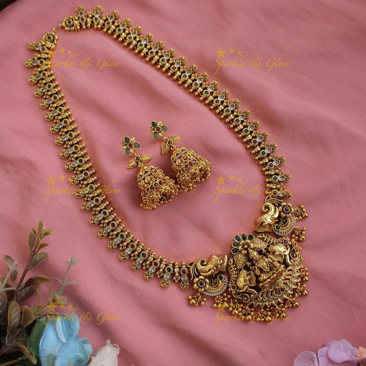Statement Gold alike Lakshmi Elephant carved long necklace with CZ stones and gold beads
