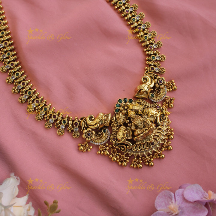 Statement Gold alike Lakshmi Elephant carved long necklace with CZ stones and gold beads