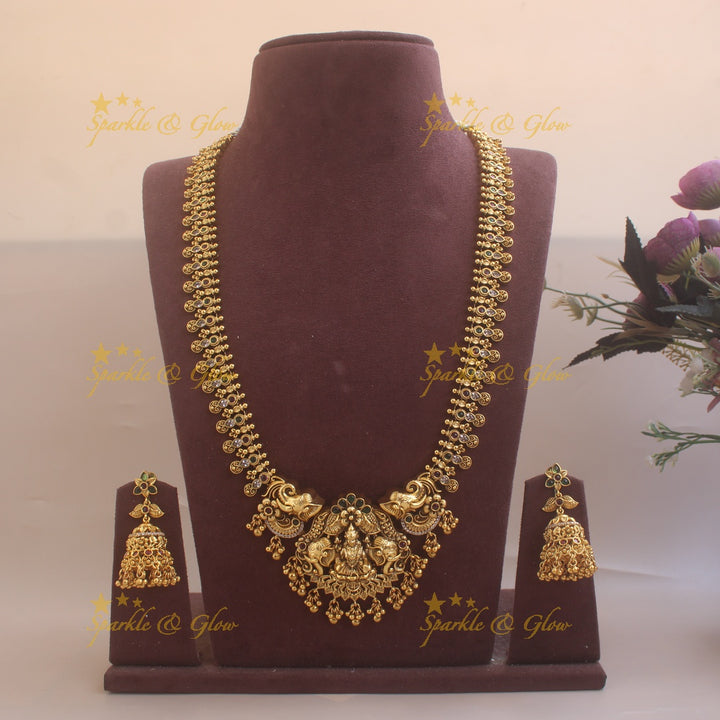 Statement Gold alike Lakshmi Elephant carved long necklace with CZ stones and gold beads