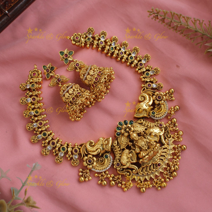 Gold alike Lakshmi Elephant carved short necklace with CZ stones and gold beads