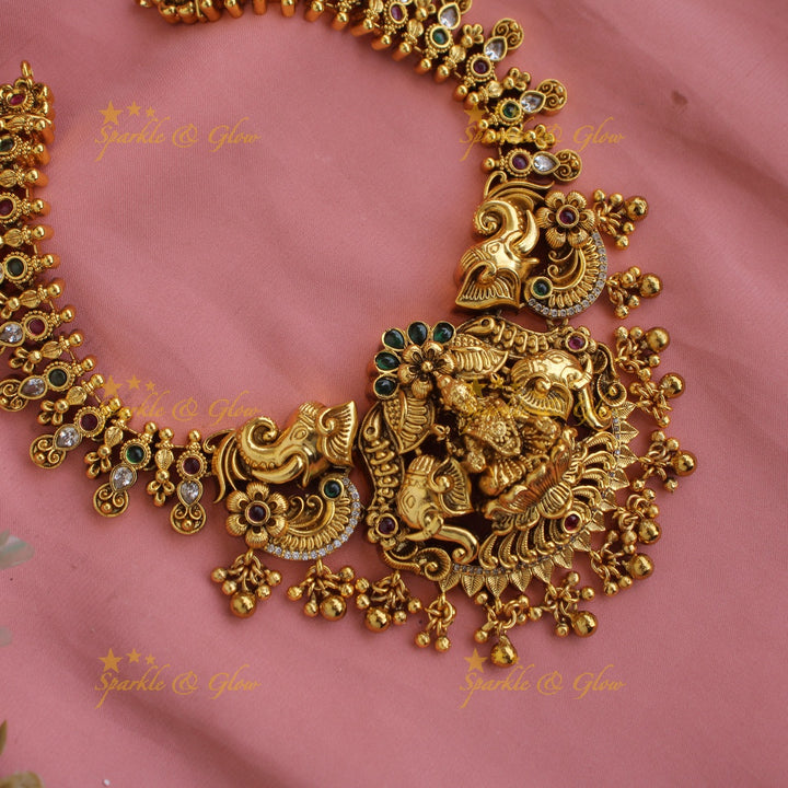 Gold alike Lakshmi Elephant carved short necklace with CZ stones and gold beads