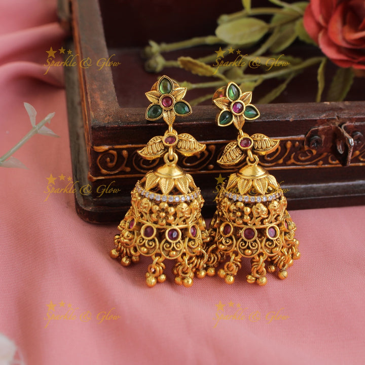 Gold alike Lakshmi Elephant carved short necklace with CZ stones and gold beads