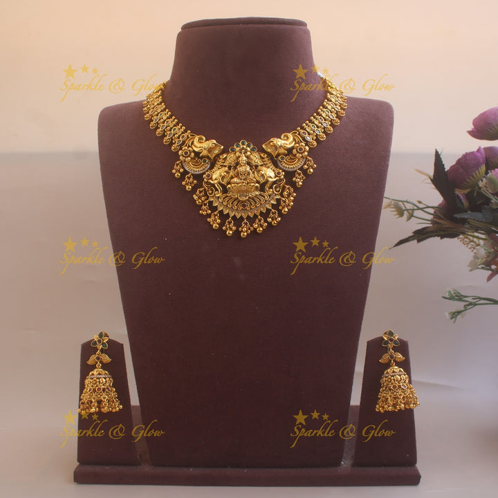 Gold alike Lakshmi Elephant carved short necklace with CZ stones and gold beads