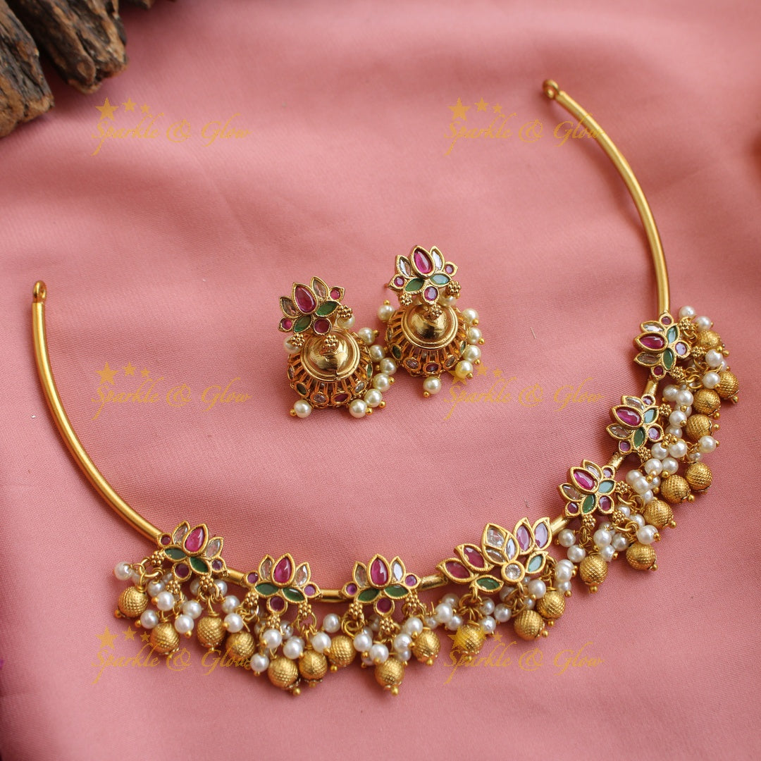 Elegant Lotus choker with multi colour stones pearls and gold beads