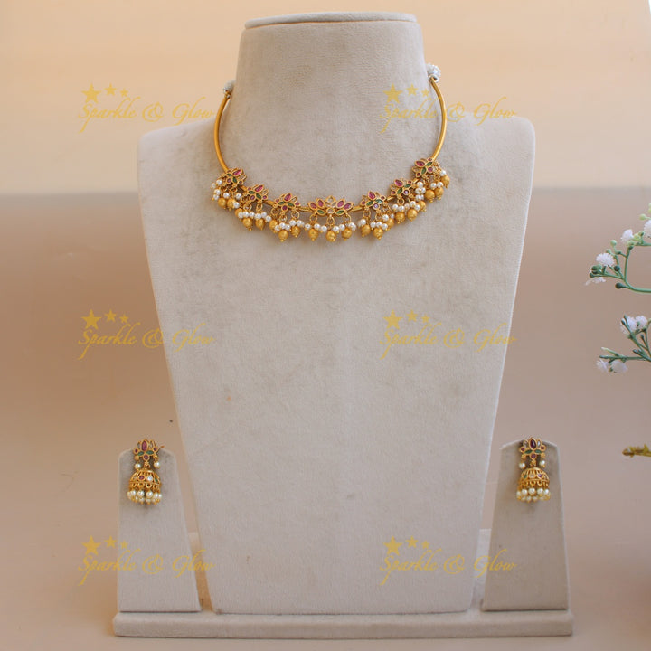 Elegant Lotus choker with multi colour stones pearls and gold beads
