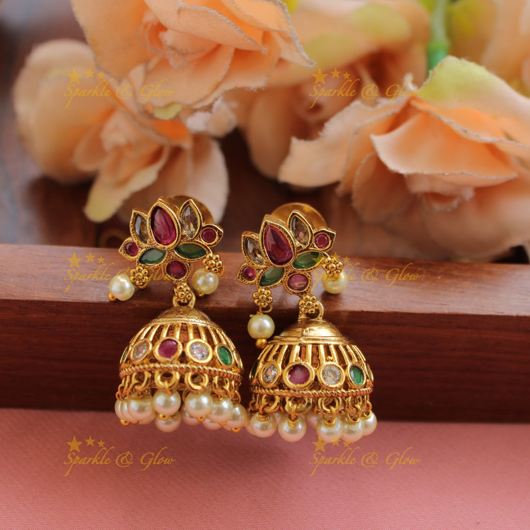 Elegant Lotus choker with multi colour stones pearls and gold beads