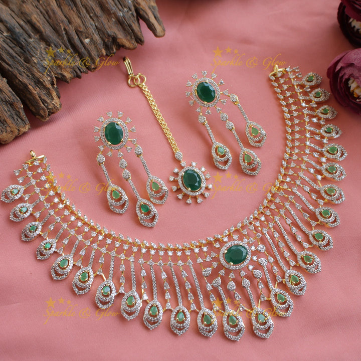 Stunning Floral leaf line design American diamond short necklace with ruby with maang tikka - pink