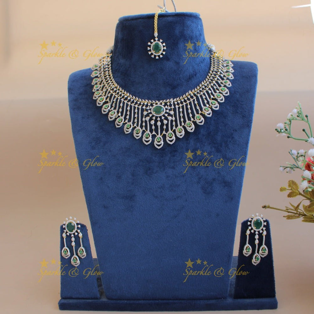 Stunning Floral leaf line design American diamond short necklace with emerald with maang tikka - Sparkle and Glow - Back Thread - 