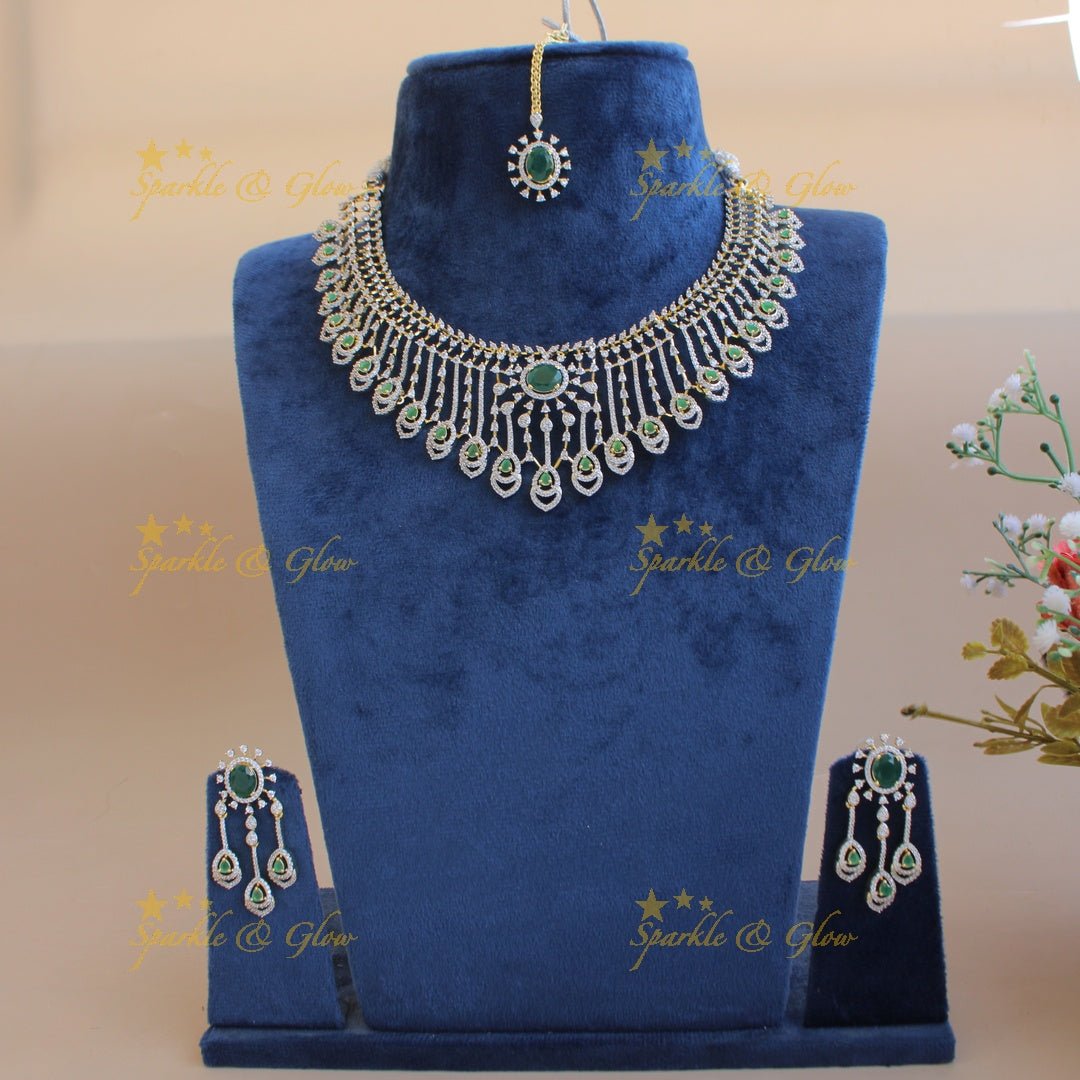 Stunning Floral leaf line design American diamond short necklace with emerald with maang tikka - Sparkle and Glow - Back Thread - 