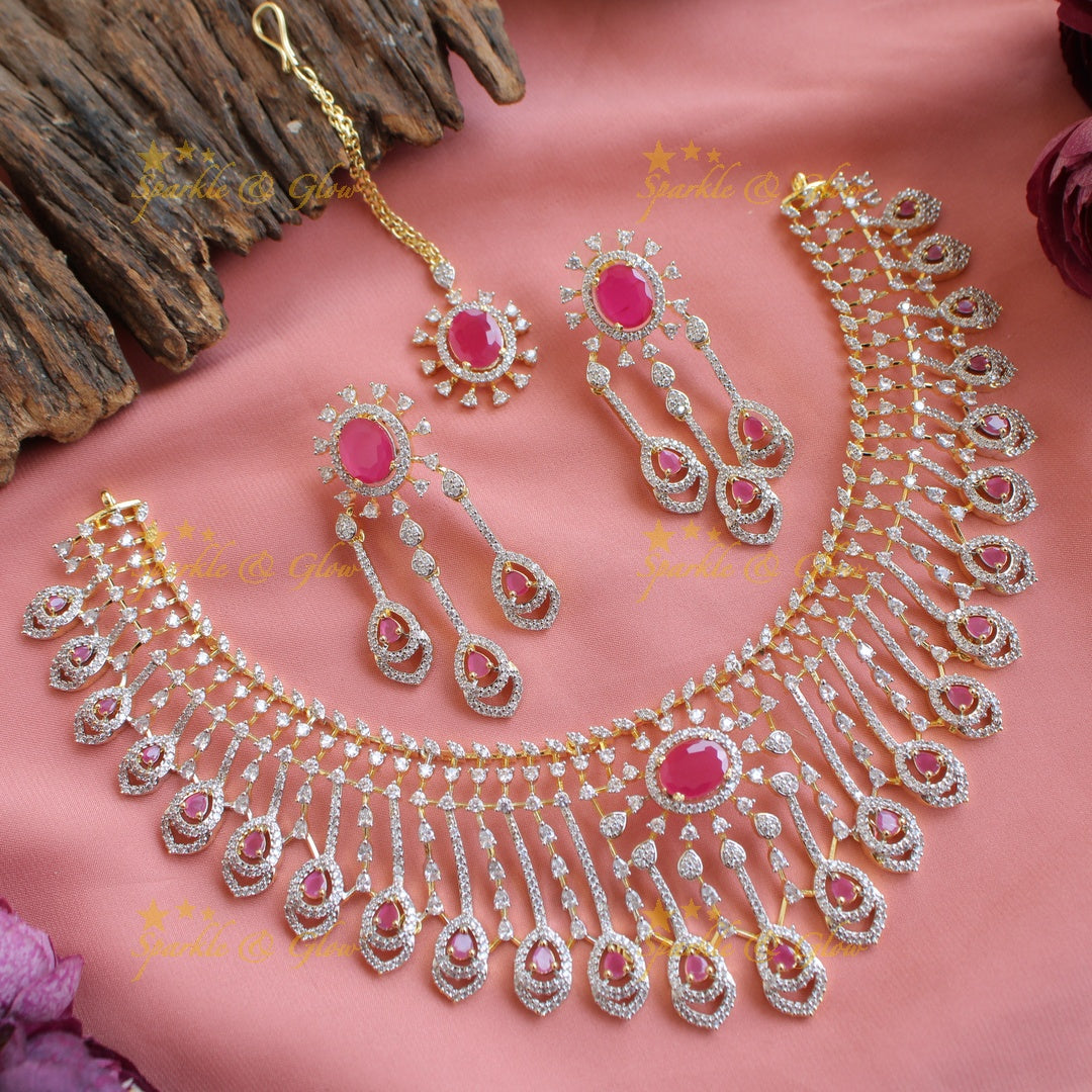 Stunning Floral leaf line design American diamond short necklace with ruby with maang tikka - pink