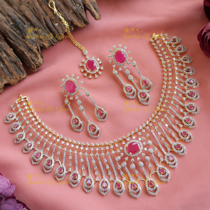 Stunning Floral leaf line design American diamond short necklace with ruby with maang tikka - pink