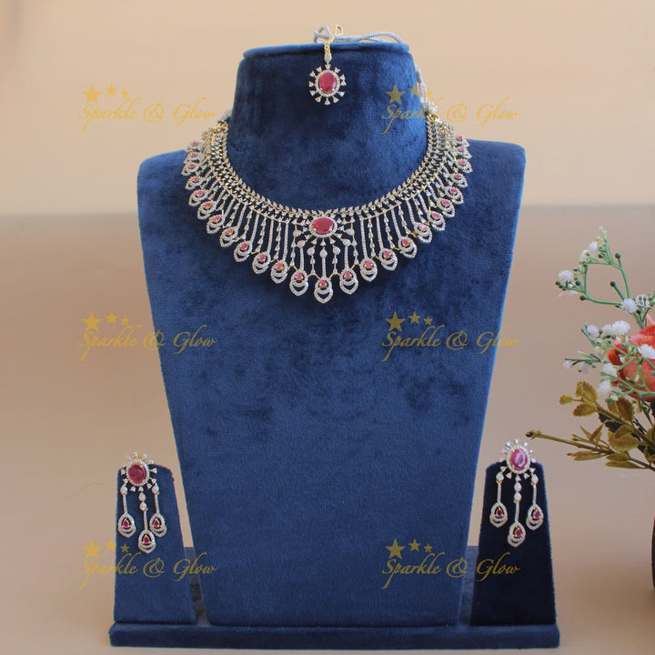 Stunning Floral leaf line design American diamond short necklace with ruby with maang tikka - pink