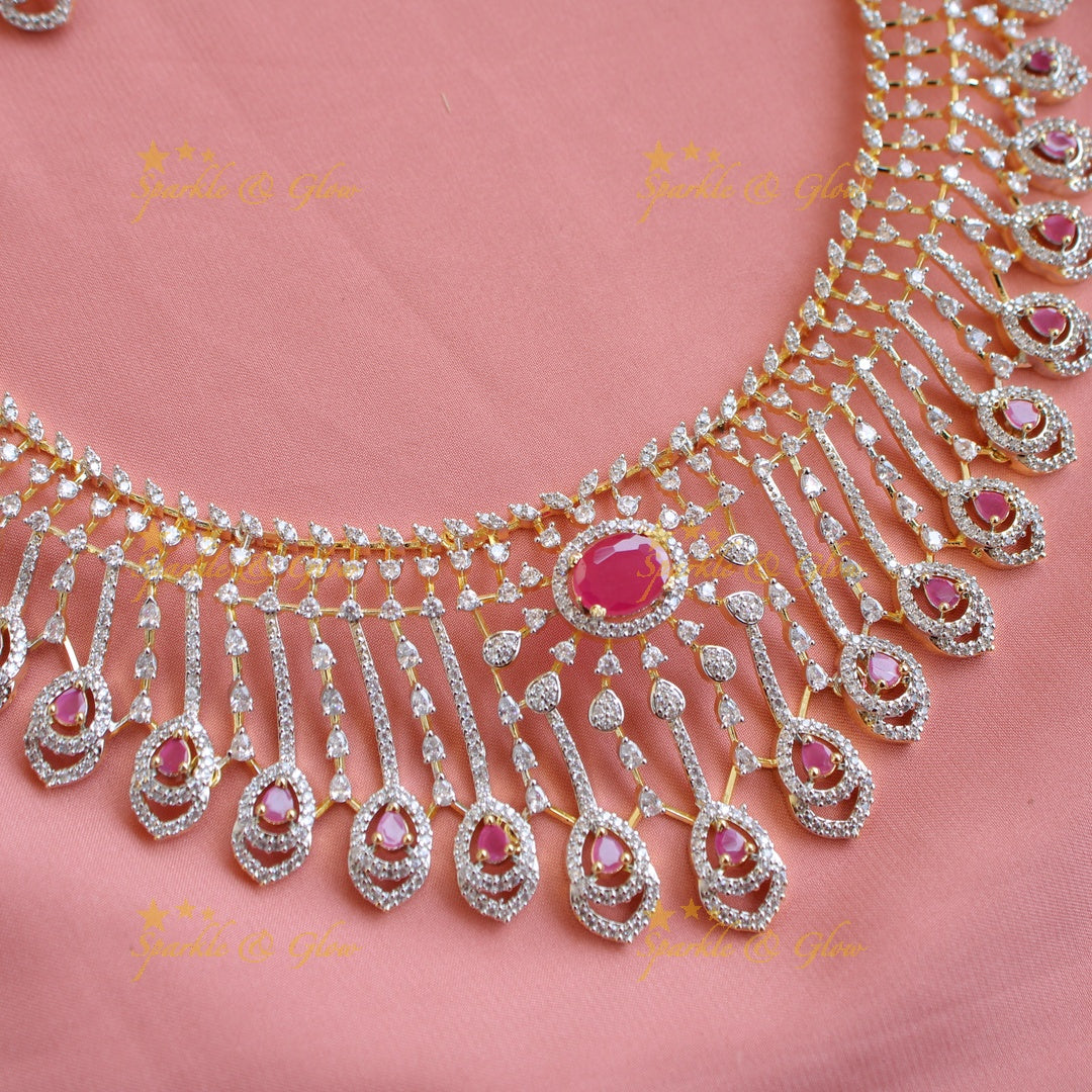 Stunning Floral leaf line design American diamond short necklace with ruby with maang tikka - pink