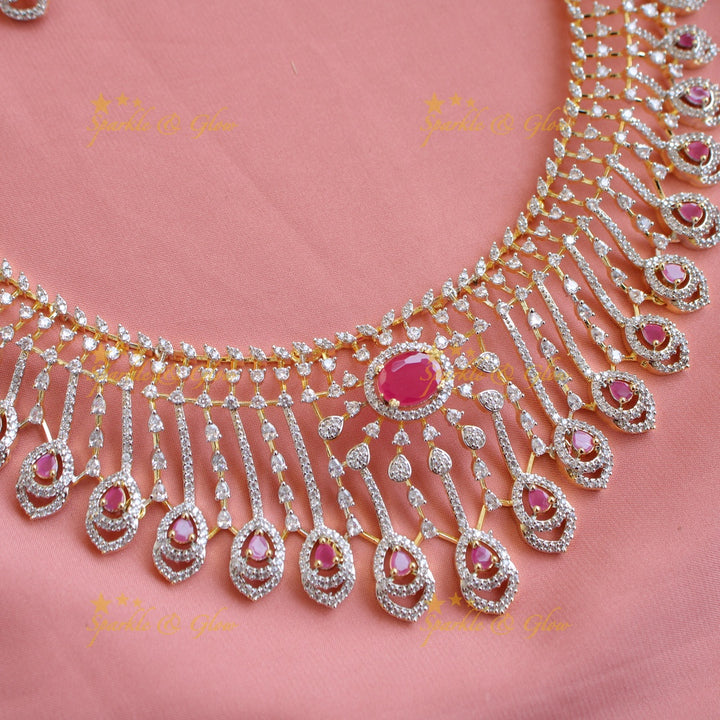 Stunning Floral leaf line design American diamond short necklace with ruby with maang tikka - pink