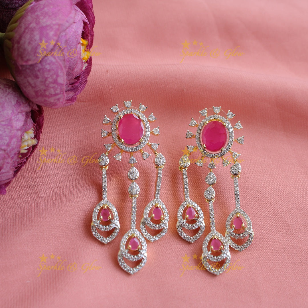 Stunning Floral leaf line design American diamond short necklace with ruby with maang tikka - pink